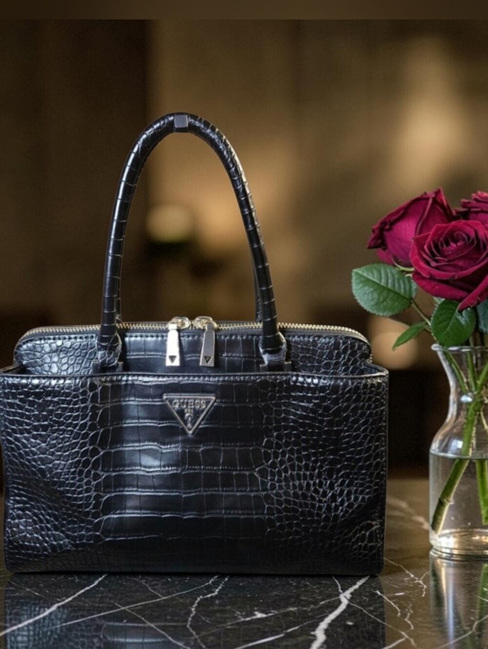 GUESS Maddy Girlfriend Black Croc-Embossed Vegan Leather Satchel